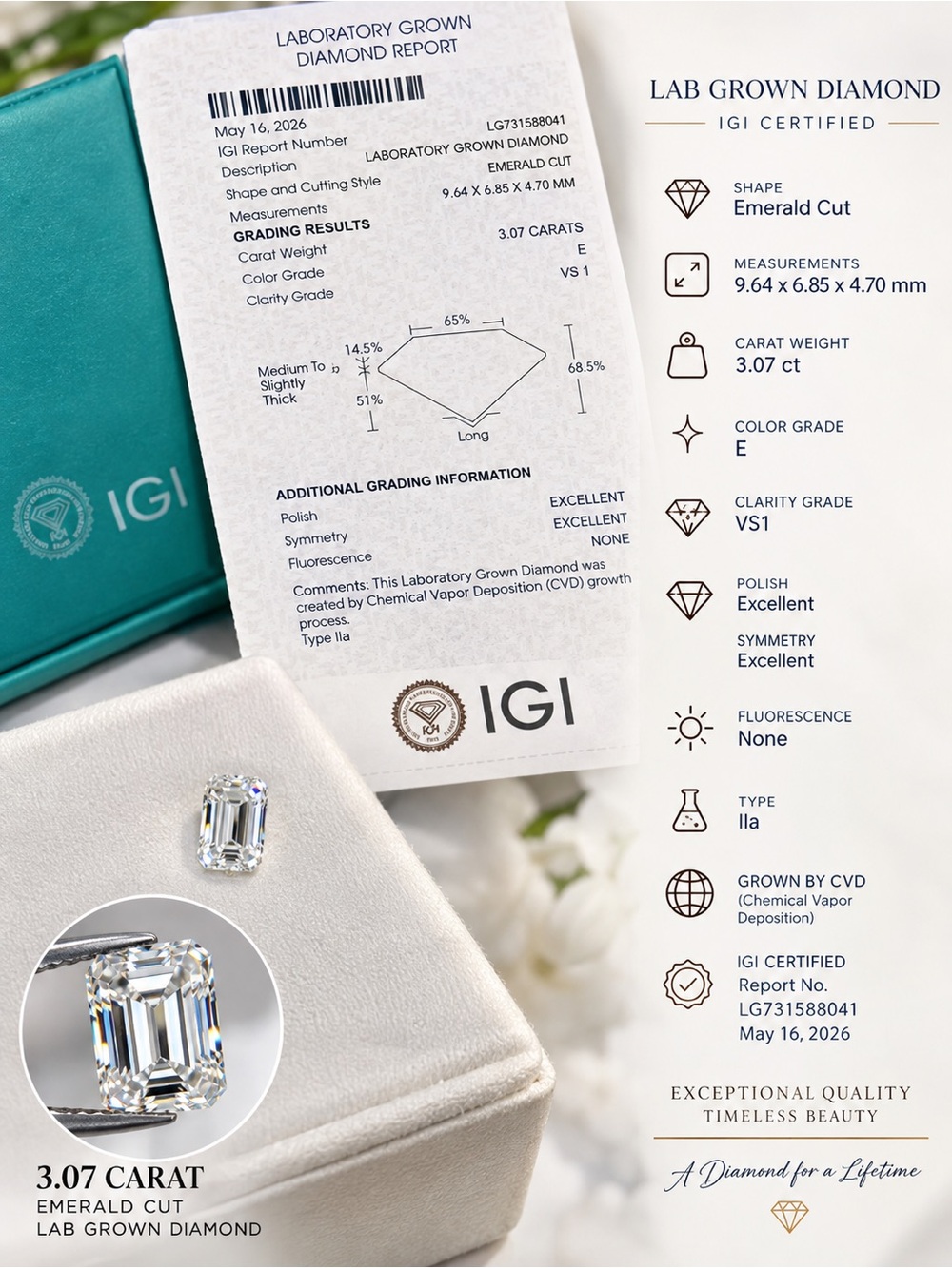Certified 3.07 Carat Emerald Cut Lab Grown Diamond - White